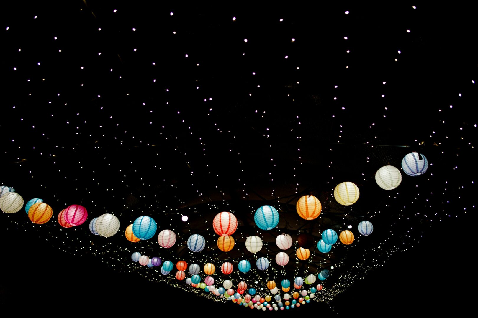 colourful lanterns and hanging fairy lights