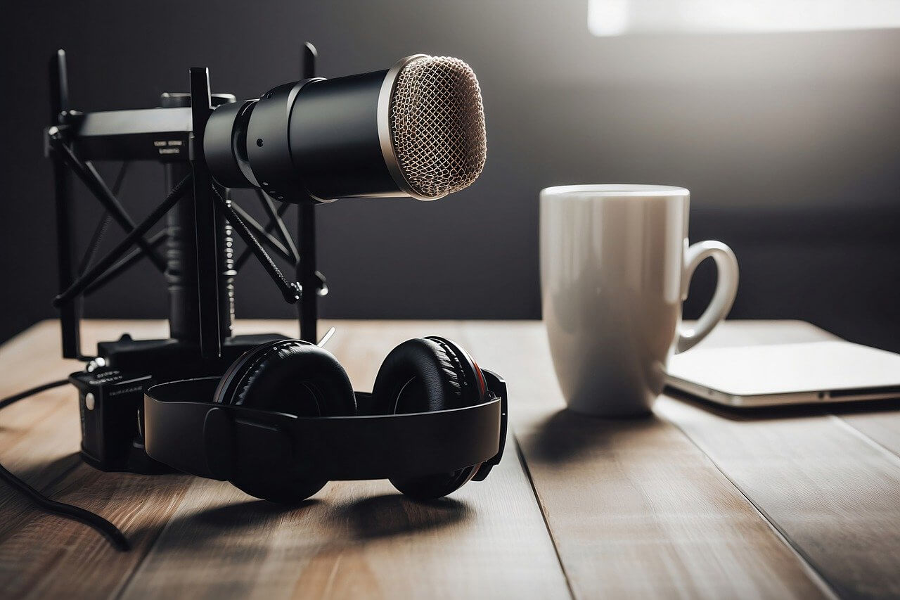 Photo of a microphone, mug and a set of headphones.