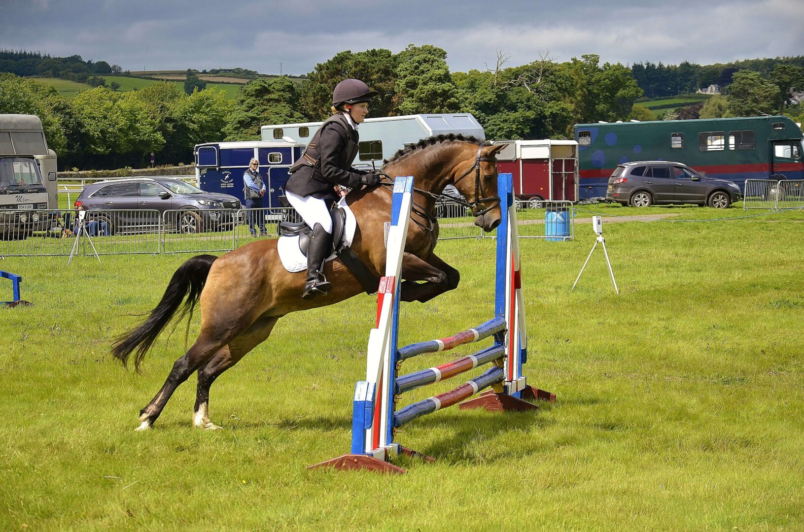 Horse and rider jumping over a fence