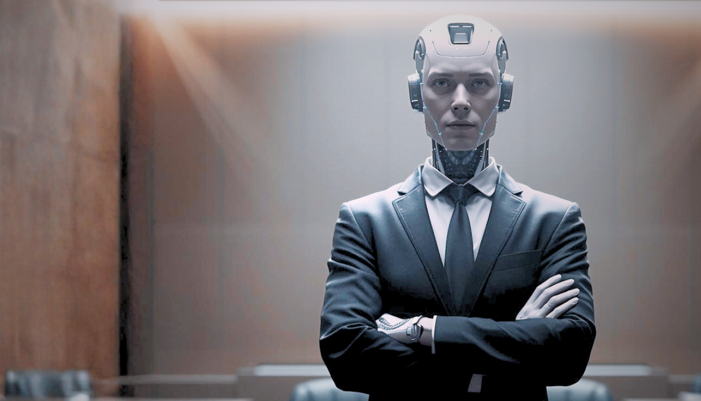 An AI lawyer in a courtroom, illustrating the rise of vertical AI tools like Harvey that are transforming legal workflows and reaching multi-billion dollar valuations.