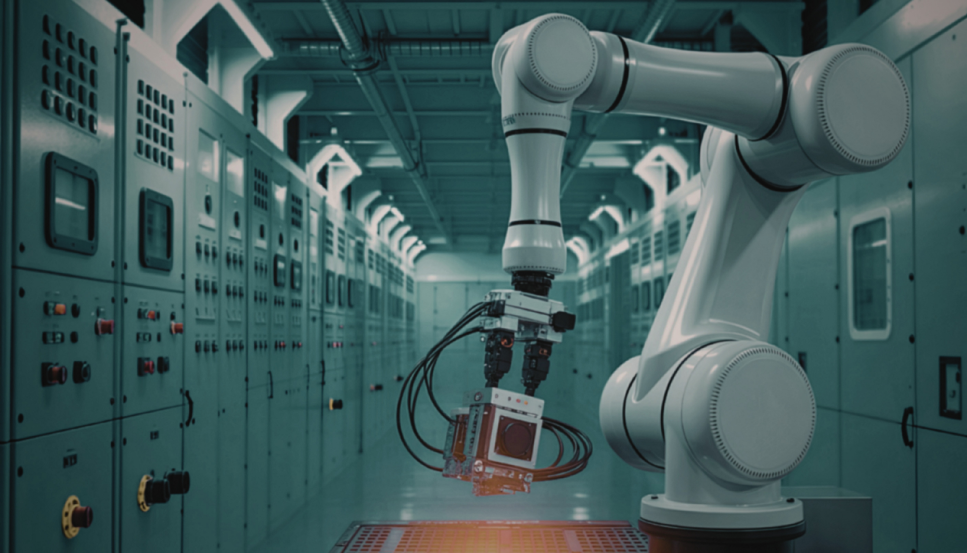 A robotic arm working autonomously in an industrial environment, representing Google DeepMind's Gemini Robotics-ER 1.6 model and the advancement of physical AI capable of reasoning about the real world.