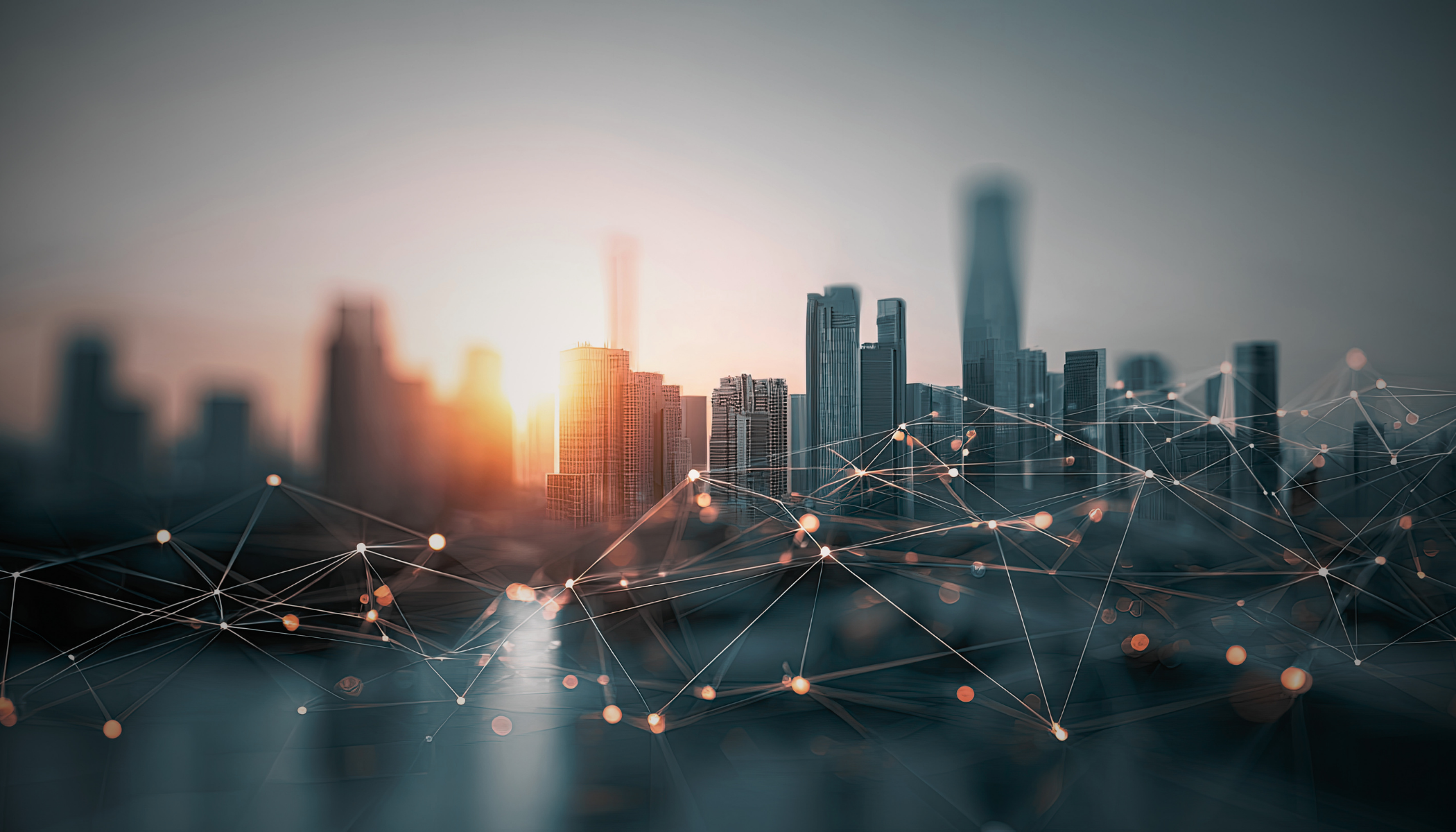 A digital network illustration over a European city skyline, illustrating the launch of Eurosky as a European alternative to Meta and X amid growing calls for digital sovereignty.
